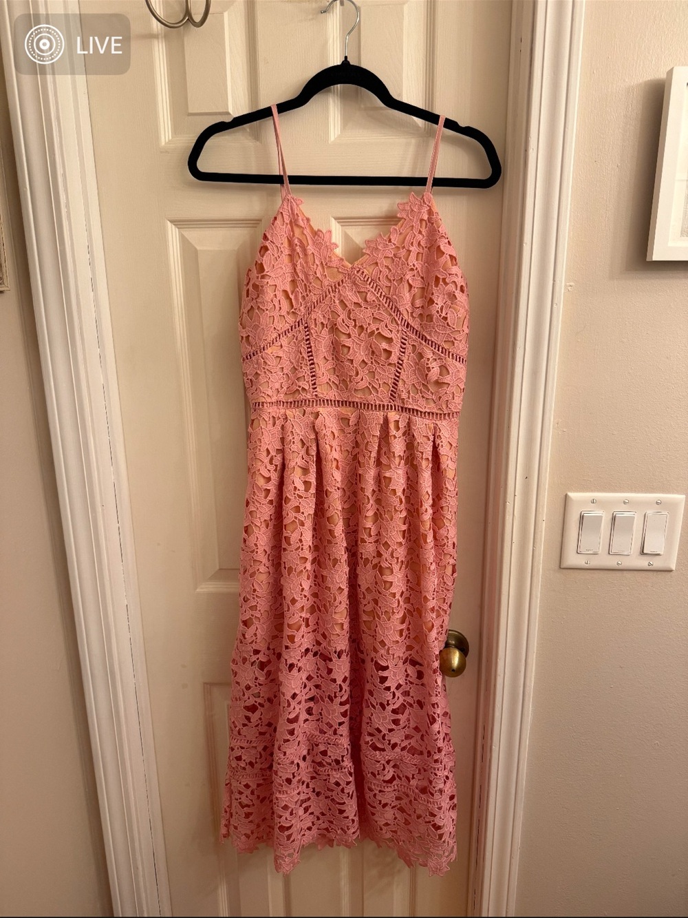 Goodnight Macaroon Blush Pink Lace Midi Dress with Spaghetti Straps